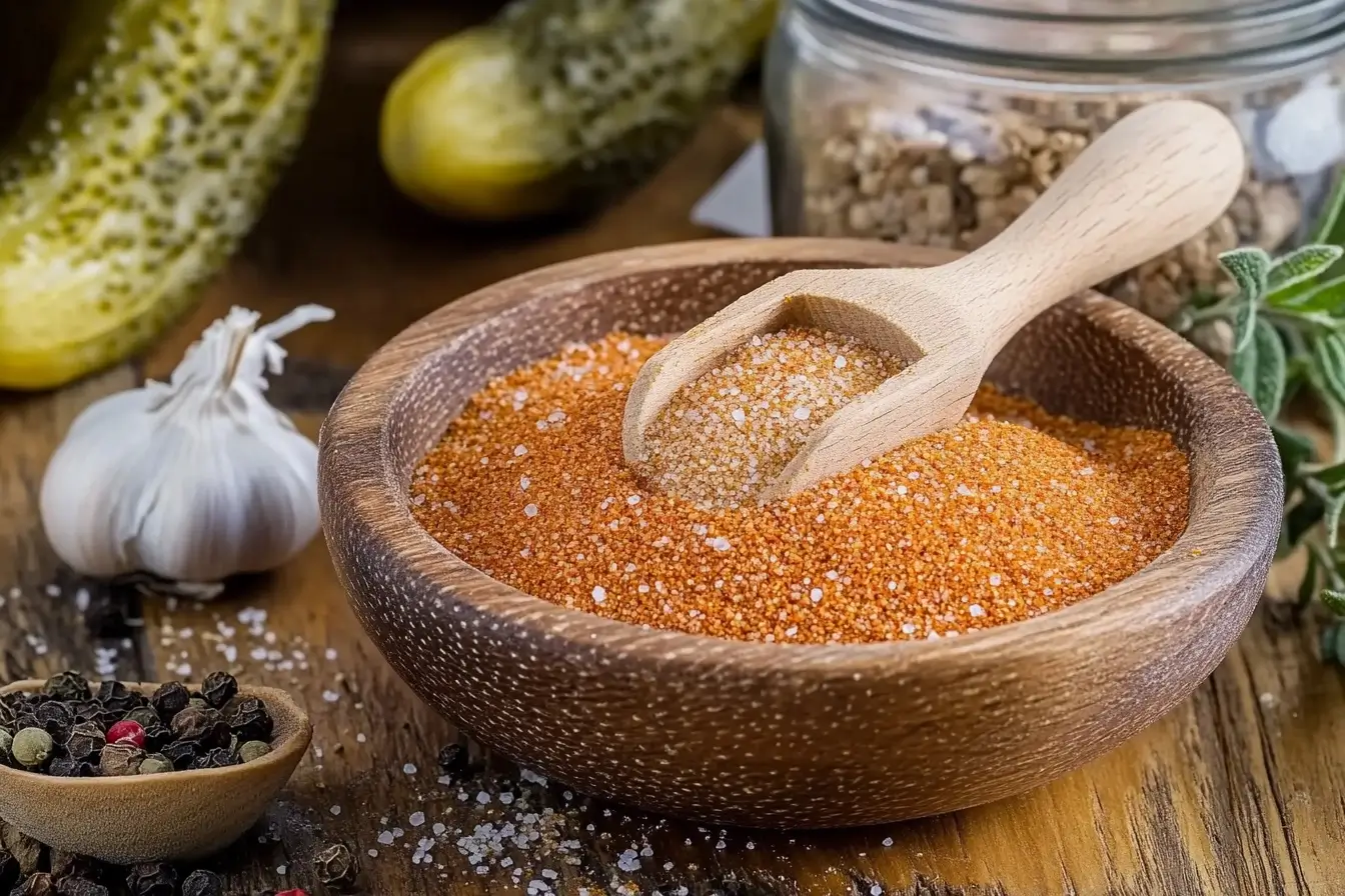 A jar of Alabama spice blend surrounded by fresh ingredients.