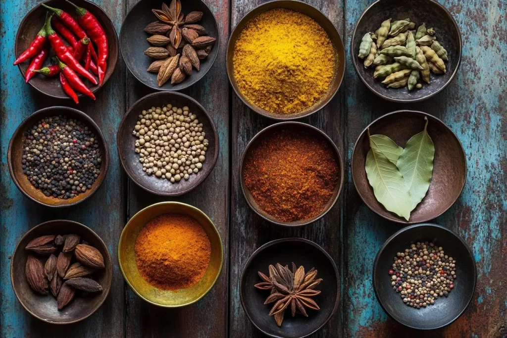 A vibrant jar of Alabama spice surrounded by fresh spices like paprika, garlic, and cayenne pepper. 