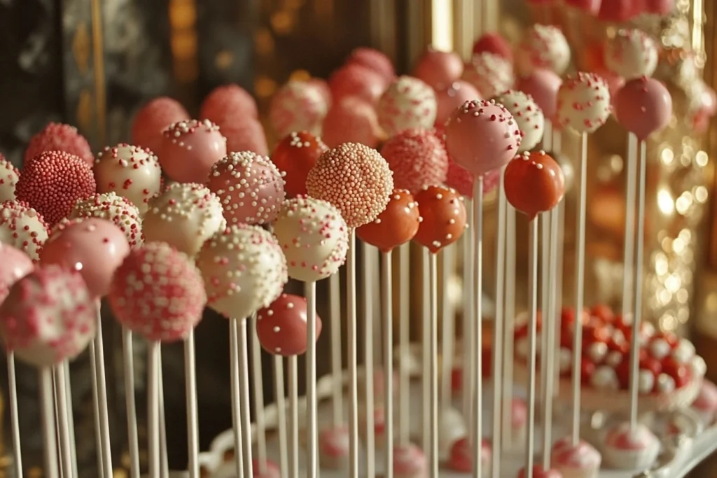 A selection of decorated cake pops on a display stand.