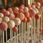 A selection of decorated cake pops on a display stand.