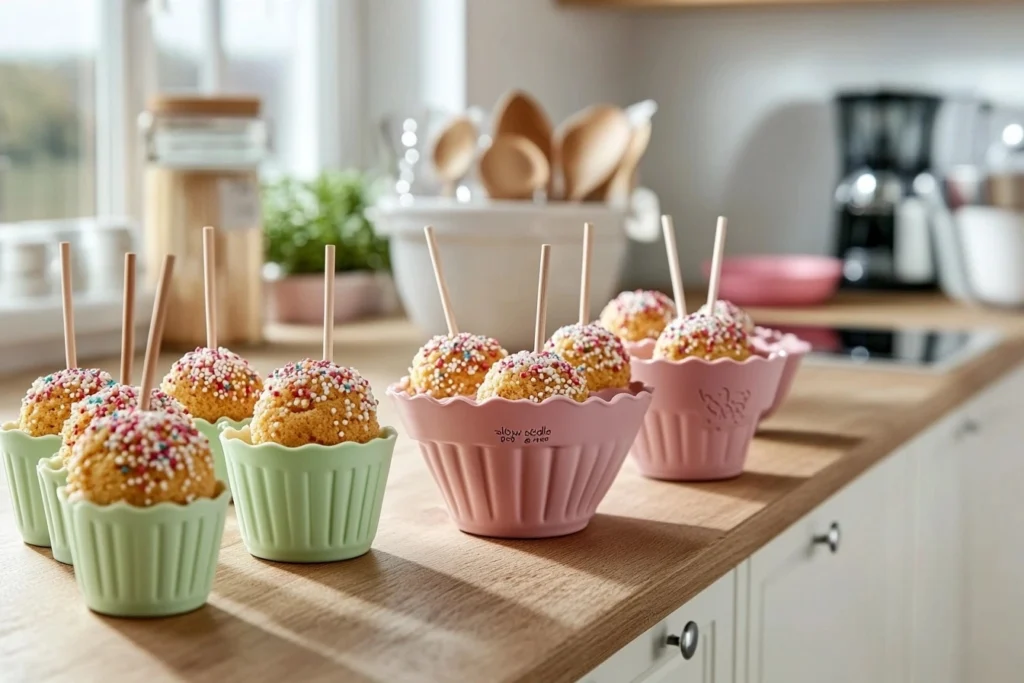 Silicone cake pop mold filled with batter and finished cake pops decorated with icing and sprinkles