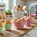 Silicone cake pop mold filled with batter and finished cake pops decorated with icing and sprinkles