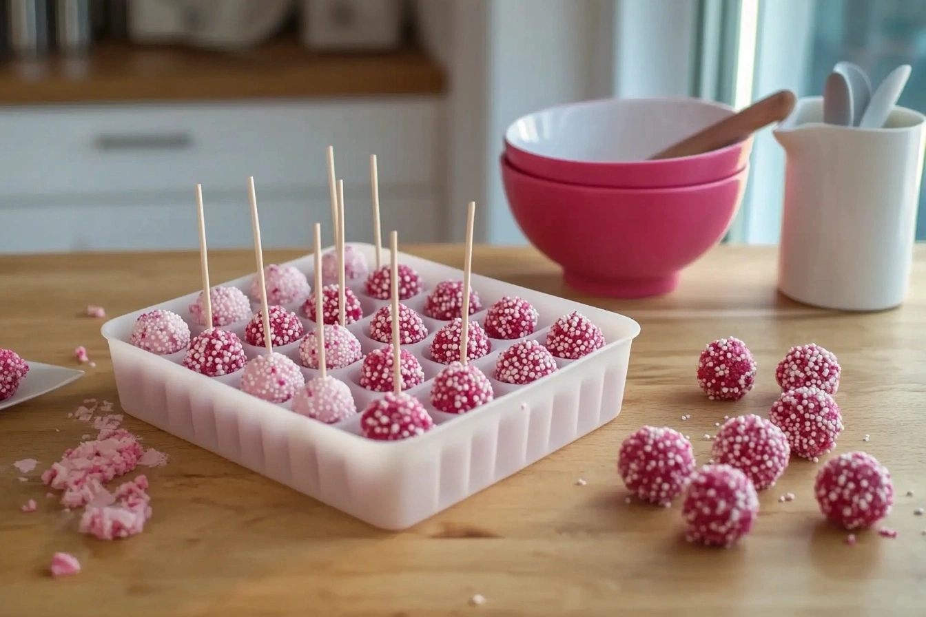 Colorful cake pops on sticks, displayed on a countertop next to a silicone cake pop mold.