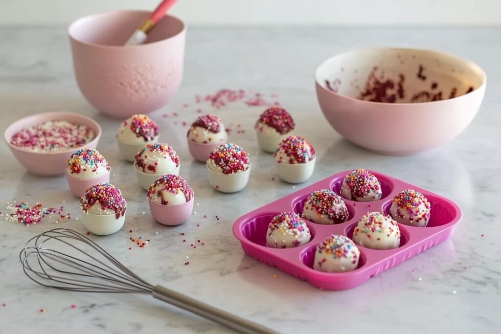 Silicone and plastic cake pop molds with decorated cake pops.