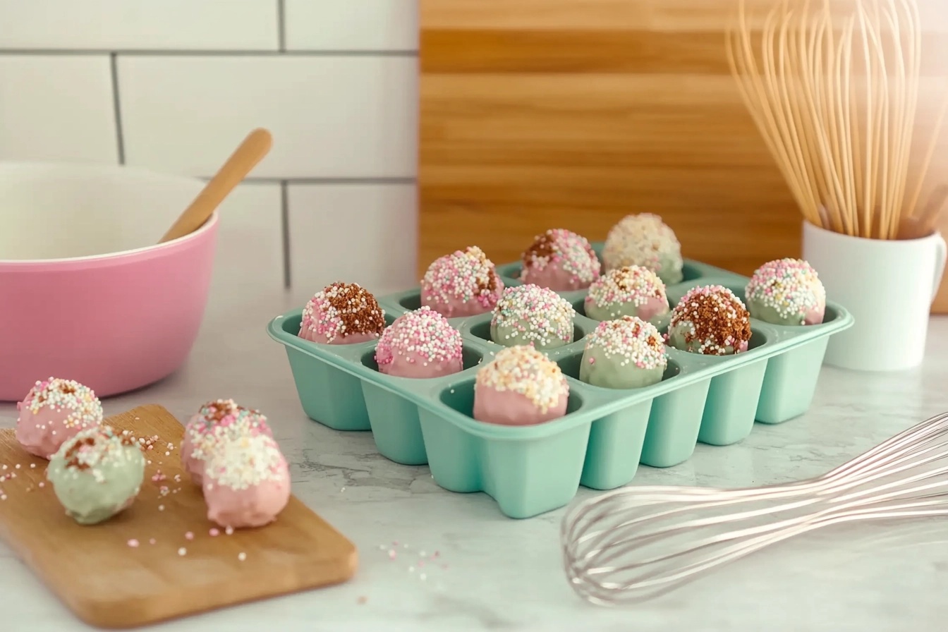 Colorful cake pop molds filled with batter, ready for baking.